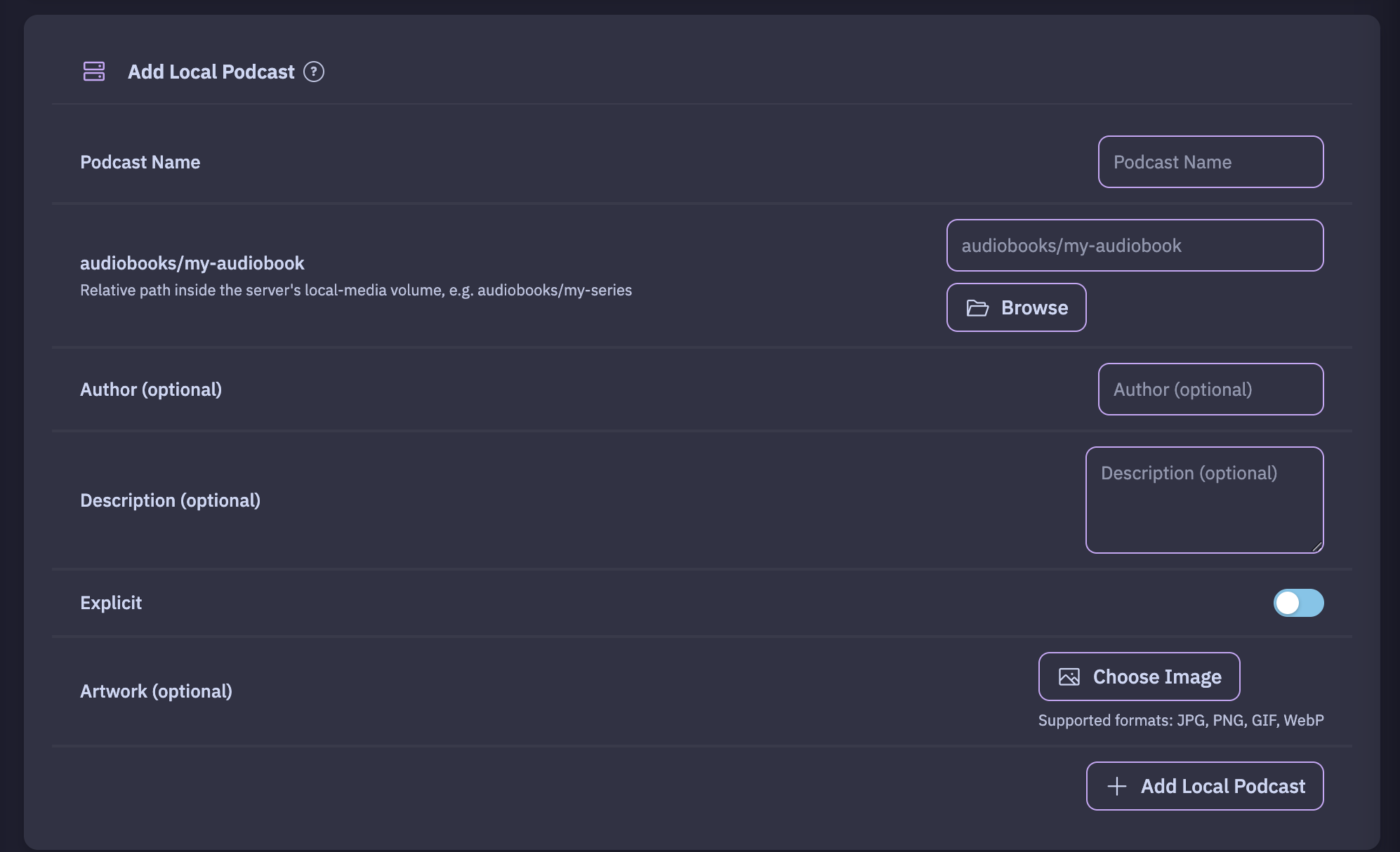 Adding a local podcast in PinePods