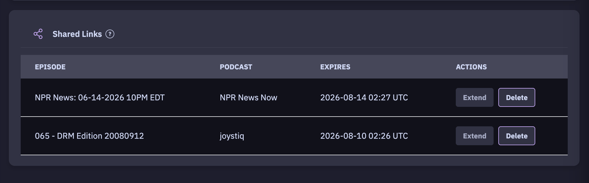 Managing shared episode links in PinePods