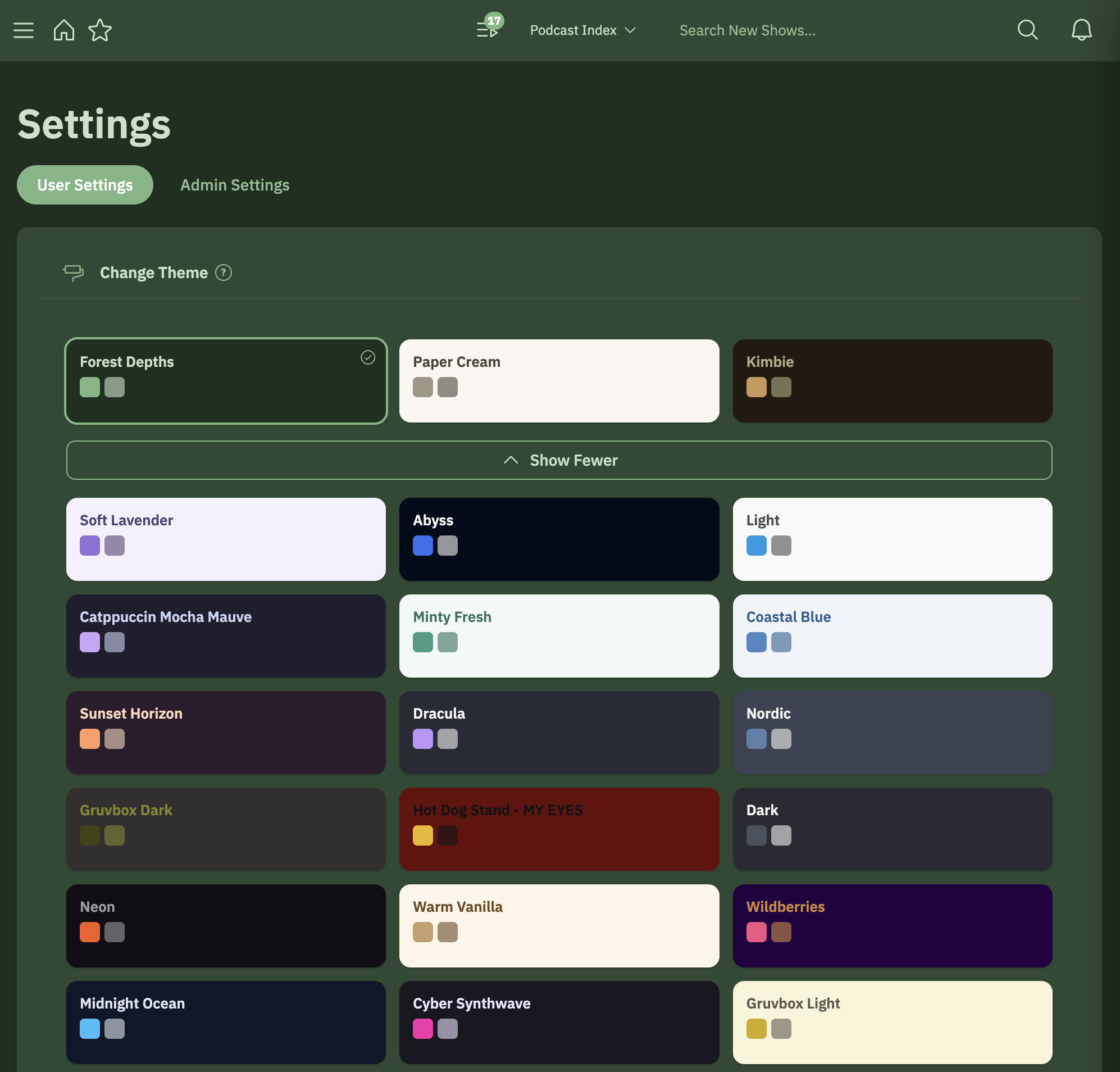PinePods ships with many built-in themes