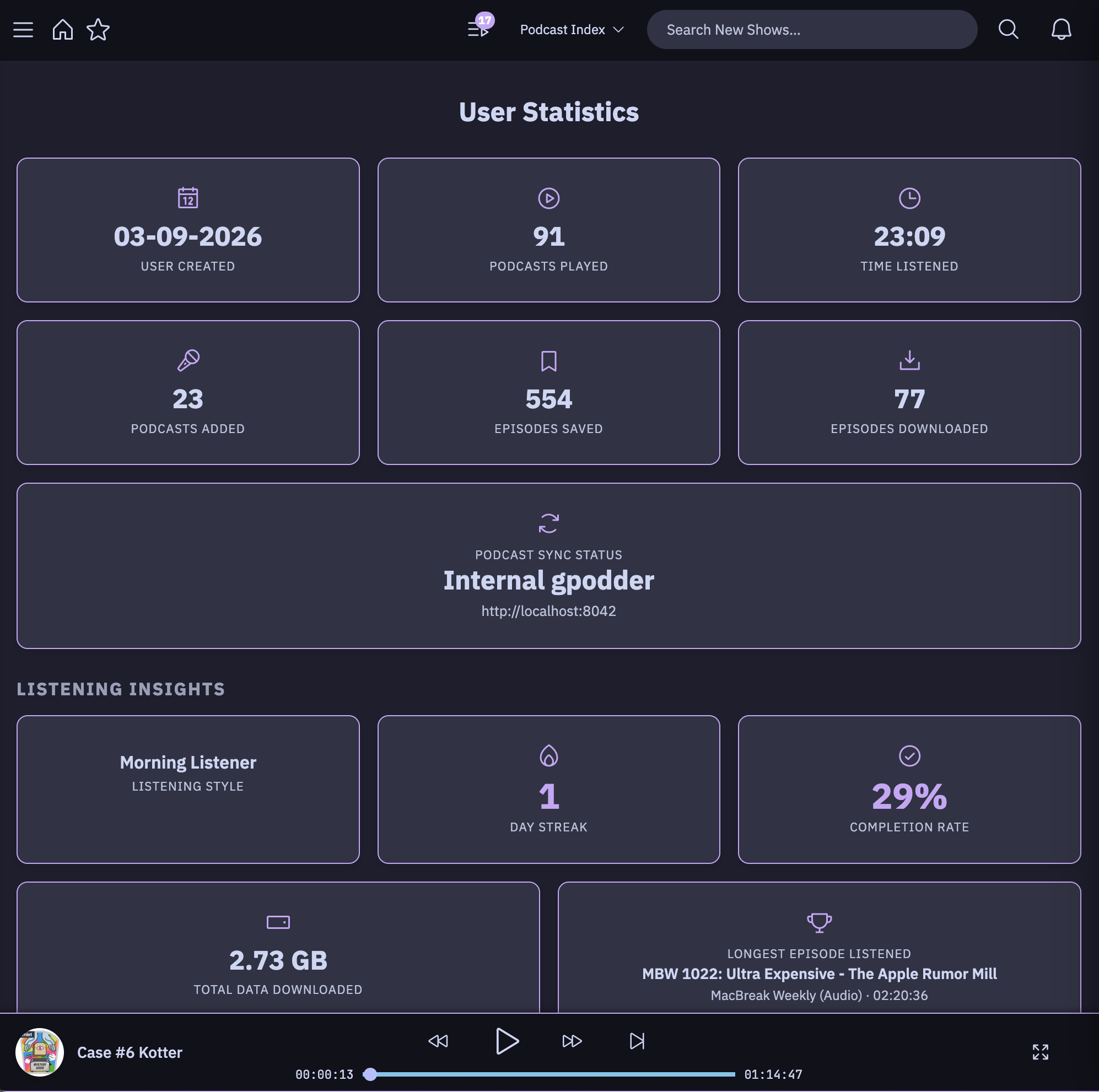 The PinePods user statistics dashboard